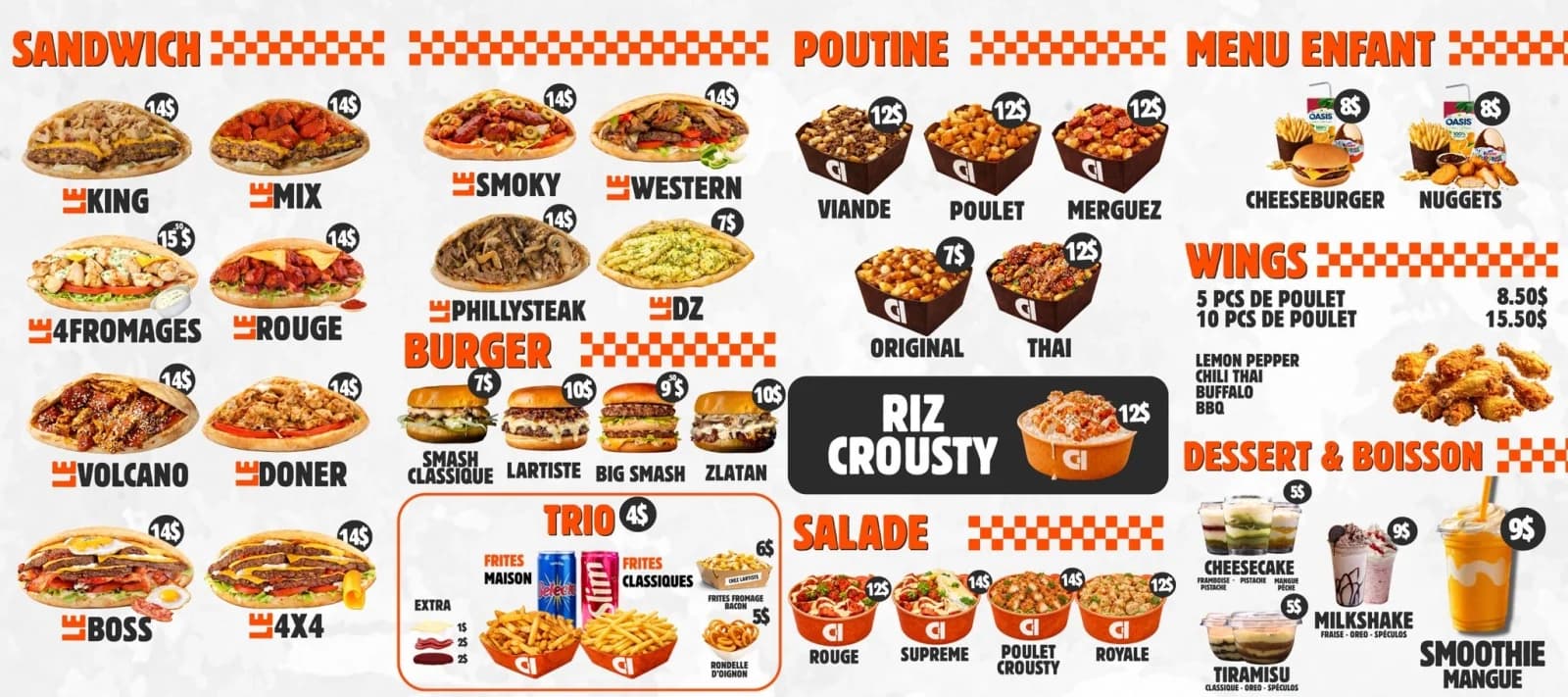 A restaurant digital menu board spread across the whole wall: sandwiches, burgers, poutine, wings, salads and desserts, each with a photo and a price.